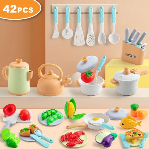 Vista 5 de Accesorios de cocina de juguete para niños, 42 piezas de juego de cocina para niños pequeños, juego de cocina con ollas y sartenes a presión, juego