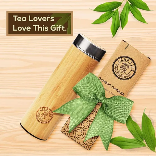 Vista 2 de LeafLife Botella de Té de Bambú Premium para Té Suelto - Botella Infusora de Té - Regalos de Té - Botella de Agua Aislada/Vaso de Café/Té - Set