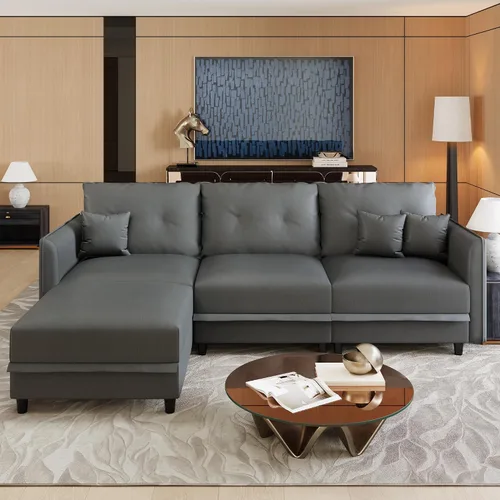 Vista 30 de LLappuil Sofá cama modular en forma de U de 6 plazas con almacenamiento, asiento profundo de piel sintética para sala de estar, impermeable y Negro