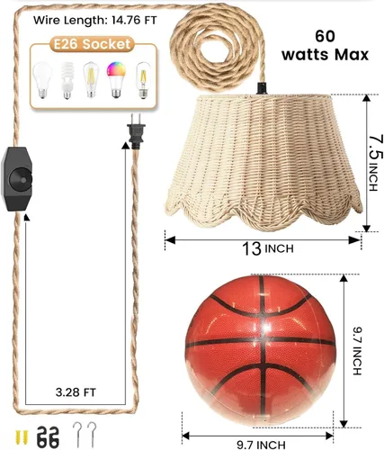 Vista 4 de Lámpara colgante enchufable con bordes ondulados, luces colgantes de ratán con cable enchufable de 15 pies de cuerda de cáñamo, interruptor