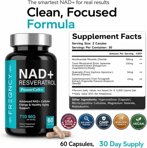 Vista 8 de FREQNCY Suplemento de resveratrol NAD+, 500 mg de ribósido de nicotinamida pura (NR), fórmula avanzada de NAD 4 en 1 para energía celular