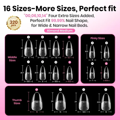 Vista 4 de Beetles Gel Polish Puntas de uñas de gel Flat-X - Almendra mediana, 320 piezas 16 tamaños, puntas de uñas postizas de acrílico suave con media mate