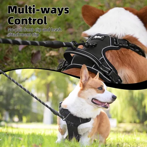 Vista 3 de PUPTECK Arnés sin tirones para perro, tamaño pequeño, ajustable, reflectante, con asa, de fácil control, cómodo y suave acolchado para perros Negro