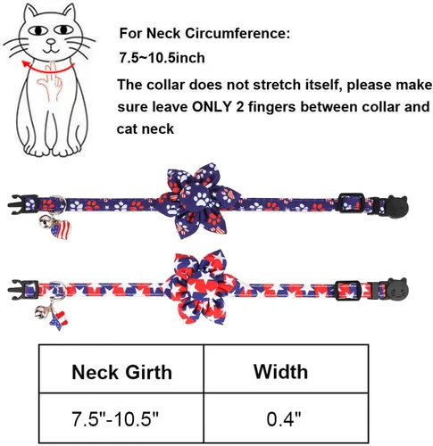 Vista 6 de ADOGGYGO Collares de gato con bandera americana con campana de flor removible, ajustables, patrón de bandera del 4 de julio en rojo y azul, collares