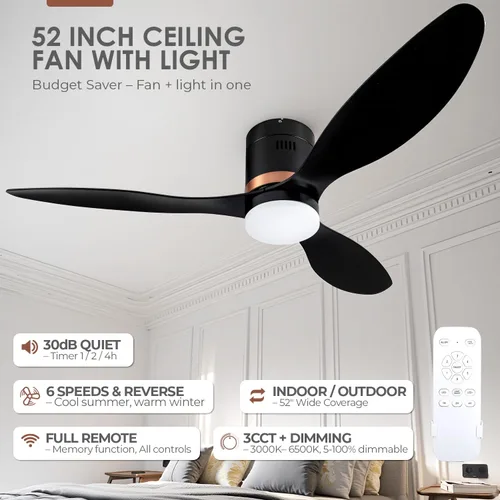 Vista 2 de 52 Inch Flush Mount Quiet Low Profile Ceiling Fan with Light and Remote Black/52