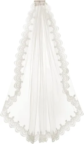 Vista 9 de BIJOU - Wedding Veils For Brides - Beautiful Mid-length - 40 inches Length - Bridal Veil With Lace Trim
