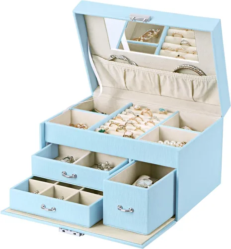 Vista 3 de BEWISHOME SSH78L - Joyero de 20 secciones para niñas, organizador de joyas con cerradura portátil para mujeres, niñas, niños, color azul