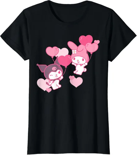 Vista 49 de Camiseta de My Melody y Kuromi con corazones del Día de San Valentín Negro