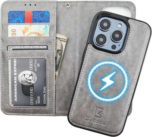 Vista 20 de Bocasal - Funda tipo cartera desmontable para iPhone 14 Pro, color negro