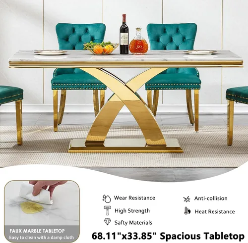 Vista 4 de Juego de mesa de comedor moderna de mármol sintético de oro blanco de 68 pulgadas para 6, juego de mesa rectangular de 7 piezas con patas de acero