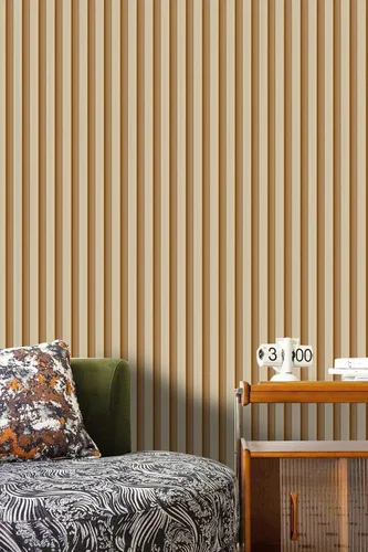 Vista 5 de Papel tapiz de listones de madera natural, decoración de pared de Madera natural alterna amarillo y blanco
