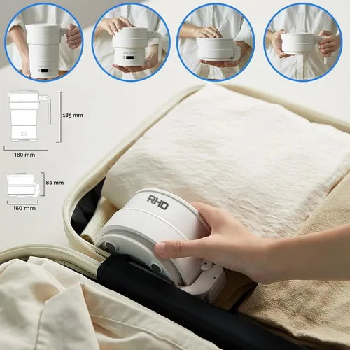 Vista 7 de Tetera eléctrica plegable de viaje, hervidor de agua caliente de 700ML con panel multifuncional, hervidor de agua pequeño plegable con mantener