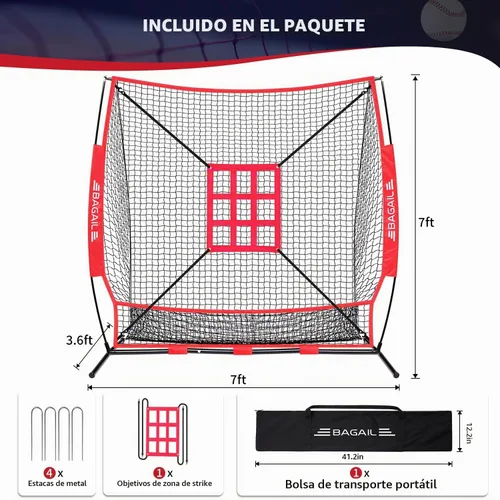 Vista 3 de BAGAIL 7x7 ft Baseball Softball Practice Net Rojo / boca completa