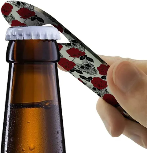 Vista 5 de Abrebotellas plano Abrebotellas resistente para barman acero inoxidable abrebotellas de cerveza 7 pulgadas calavera rosa roja