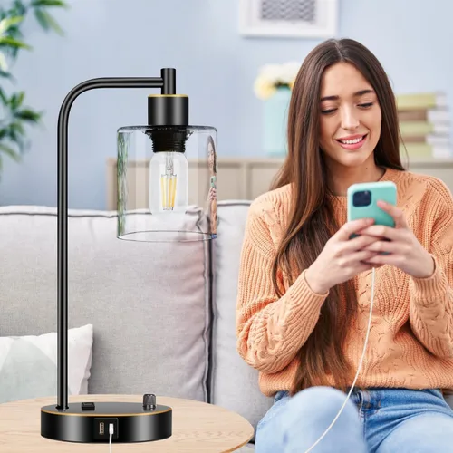 Vista 9 de Juego de 2 lámparas de mesa industriales negras y doradas con puerto USB, lámparas de noche regulables totalmente continuas para dormitorios Vidrio