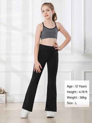 Vista 3 de Stelle Leggings acampanados para niña con bolsillos, cintura alta, corte de bota, pantalones de yoga para danza, pantalones acampanados