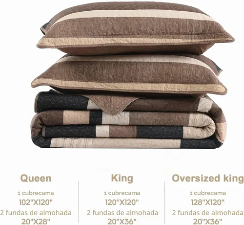Vista 6 de Finlonte Colcha tamaño Queen, 100% algodón, cubrecamas de gran tamaño, tamaño Queen, color marrón carbón, beige, acolchado, a rayas, estilo granja