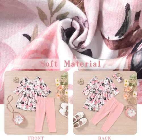Vista 5 de Aalizzwell Conjunto de túnica floral para niñas pequeñas para otoño e invierno Rosa claro