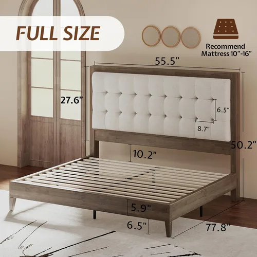 Vista 8 de Jocisland - Base de cama matrimonial de madera maciza, cabecera tapizada de 50 pulgadas de alto, color gris ceniza