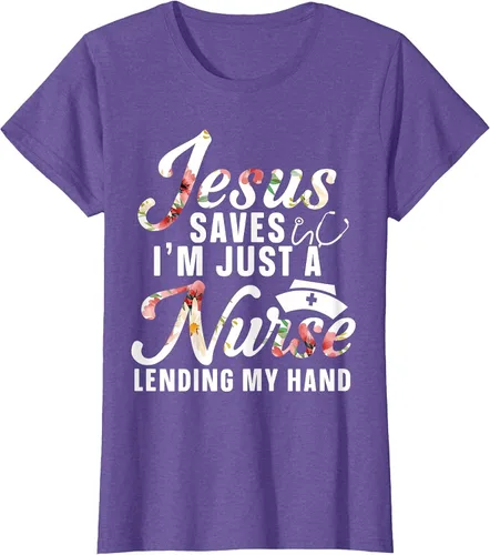 Vista 7 de Jesus Saves I'm Just A Nurse Lending My Hand RN Christian T-Shirt Asphalt Grey