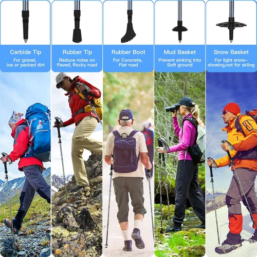 Vista 5 de Bastones de trekking plegables para hombres y mujeres mejorados de aleación de aluminio de grado aeronáutico con kits de puntas, bolsa de transporte