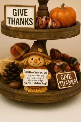 Vista 3 de iStatue - Estatua positiva de espantapájaros de otoño – 12 cm de alto, hecha a mano, de resina, decoración de Acción de Gracias con letrero