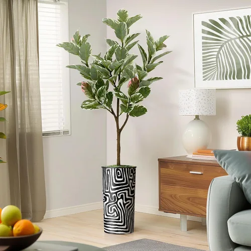 Vista 14 de Árbol artificial en macetero con patrón geométrico moderno, palmera tropical areca artificial de seda para decoración del hogar en interiores