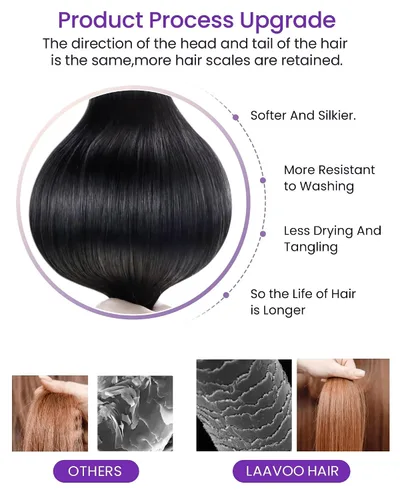 Vista 4 de LaaVoo Extensiones adhesivas de cabello humano real, color negro azabache, extensiones de cabello humano liso y sedoso, 10 pulgadas, 20