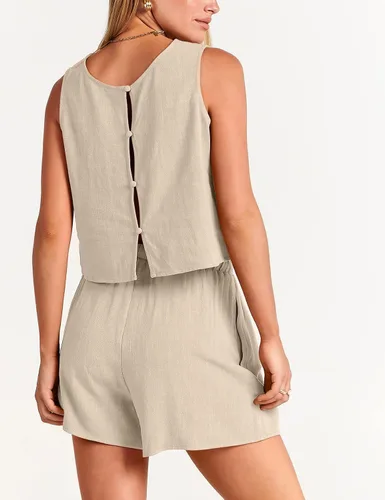 Vista 3 de GIVNUAN Conjunto de 2 piezas de lino con cuello cuadrado para mujer, conjunto de pantalones cortos a juego para la playa, verano 2023 a la moda
