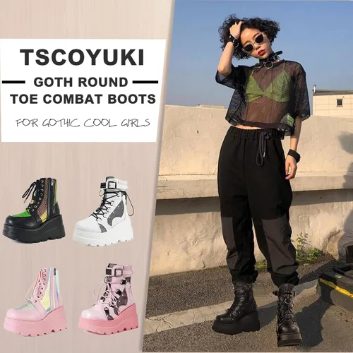 Vista 5 de Tscoyuki Botines de plataforma para mujer, botines de tacón alto gruesos, botas de combate góticas, botas de combate para mujer, con cordones, cuñas