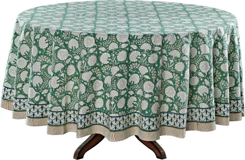 Vista 4 de Mantel redondo con estampado de bloque a mano, 100% algodón, reutilizable, turquesa, verde musgo, 90 pulgadas, mantel decorativo para uso diario