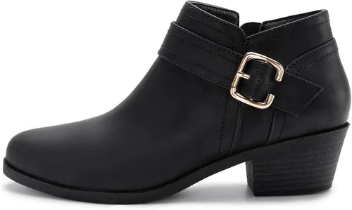 Vista 2 de Athlefit Botines gruesos de tacón bajo para mujer, botines clásicos con punta puntiaguda y cremallera lateral