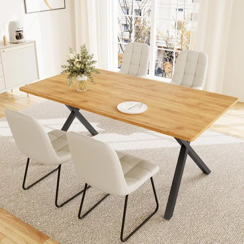 Vista 10 de HIPIHOM Mesa de comedor moderna de 63 pulgadas para 6 personas, mesa de cocina rectangular grande con patas en forma de X, muebles de comedor