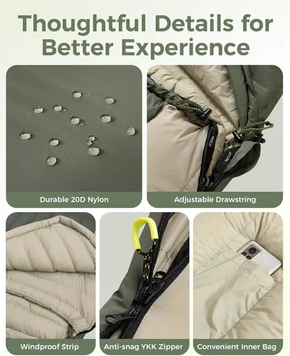 Vista 7 de ATEPA Down Sleeping Bag, 700FP Cold Weather Wide XL 3 Season Double/Single Sleeping Bags for Adults with Compression Sack for Camping Backpacking