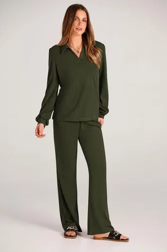 Vista 3 de PRETTYGARDEN Conjunto de dos piezas de ropa de otoño para mujer, manga larga, solapa, cuello en V, blusas, pantalones de pierna ancha, chándal