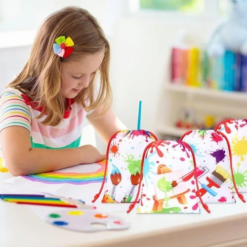Vista 6 de Honoson 24 bolsas de fiesta de pintura de 5 x 7 pulgadas, pequeñas bolsas de regalo de arte, paquete con cordón, paquete con cordón para dibujar