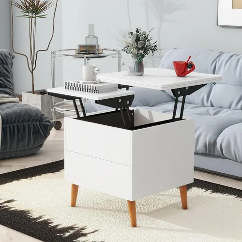Vista 28 de Juego de 5 mesas auxiliares elevables con almacenamiento convertible con otomanas, para sala de estar, dormitorio, oficina, comedor (blanco antiguo)