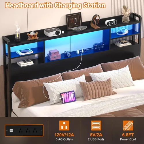 Vista 4 de Aheaplus Cabecero para cama tamaño Queen con almacenamiento, cabeceros con luz LED, tomas de corriente, puertos USB, tamaño Queen, cabecero