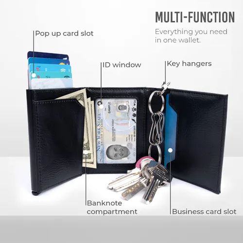 Vista 8 de Cartera para tarjetas de crédito, bolsillo frontal con bloqueo RFID, tarjetero con ranura para tarjetas emergentes, ventana de identificación