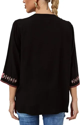 Vista 5 de AK Women's Boho Embroidered Tops 3/4 Sleeve Mexican Peasant Shirts Bohemian Loose Tunic Blouses 355-negro
