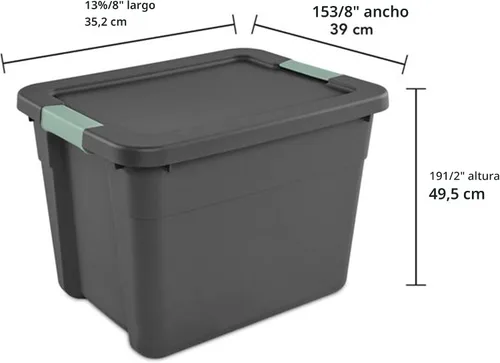 Vista 2 de Sterilite - Paquete de 6 contenedores de almacenamiento de plástico apilables con tapas y pestillo, 12 galones, gris/verde - Cajas con cierre