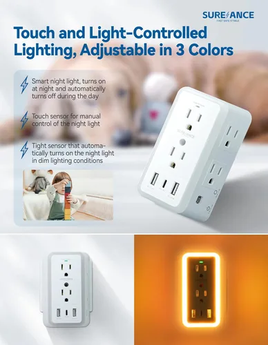 Vista 3 de Toma de pared multienchufe, extensor de 6 salidas con luz nocturna, 3 puertos USB, regleta de alimentación de 3 lados con adaptador espaciado