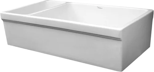 Vista 4 de Whitehaus Collection WHQDB542-BISCUIT Farmhaus Quatro Alcove Fregadero reversible grande y cuenco pequeño con borde decorativo de 2 ½ pulgadas