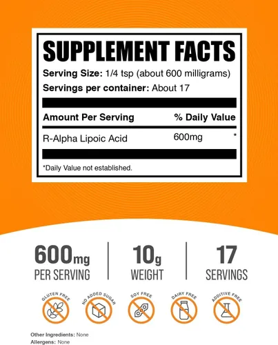 Vista 2 de BulkSupplements. com Polvo de ácido R-alfa lipoico - Suplemento R-ALA, ácido R alfa lipoico 200 mg - Suplemento antioxidante, sin gluten, 200 mg por