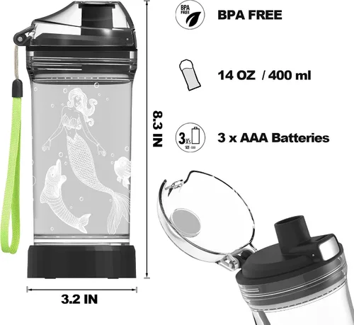 Vista 6 de YuanDian Botella de agua iluminada para niños con diseño de sirena 3D, 14 onzas, Tritan libre de BPA, ecológica, tazas de bebida frescas, regalo