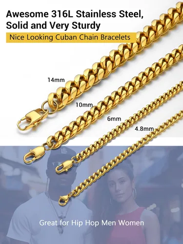 Vista 4 de PROSTEEL Pulsera de acero inoxidable para hombres y mujeres, elegantes pulseras de eslabones cubanos, chapado en oro negro de 18 quilates, ancho