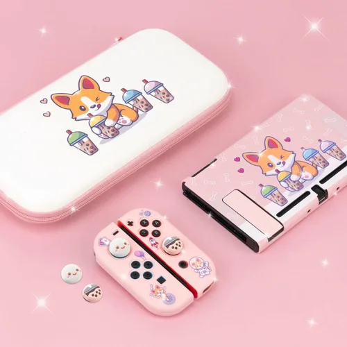 Vista 2 de BelugaDesign Corgi Boba - Estuche de transporte Protector blanco rosa pastel Lindas patas de té de burbujas de perro de anime Kawaii