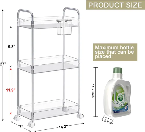 Vista 2 de SPACEKEEPER Carrito rodante de almacenamiento de acrílico de 3 niveles, organizador de carrito de baño transparente, organización de lavandería