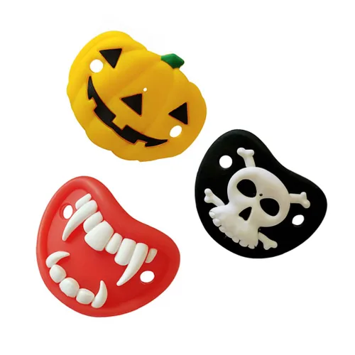 Vista 6 de Kisangel Chupetes divertidos con forma de calabaza, esqueleto, vampiros, colmillos, novedad, pezón, bebé, chupete para Halloween, recuerdos de fiesta