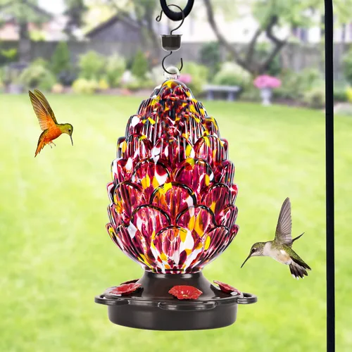 Vista 2 de LUJII Comedero para colibríes de vidrio soplado a mano en forma de cono de pino para colgar en exteriores, a prueba de óxido y fugas, 25 onzas